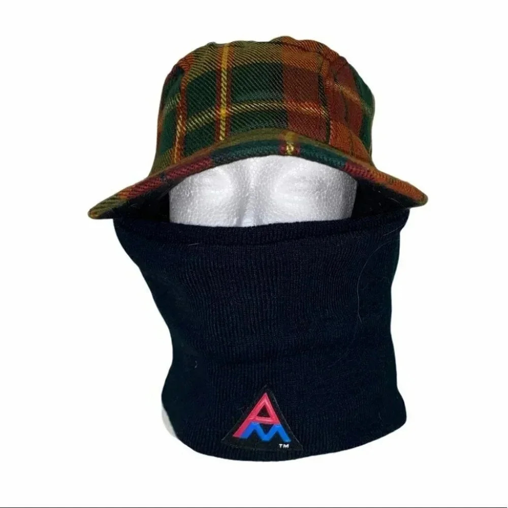 Plaid baseball hat‎ w/ attached neck & face warmer